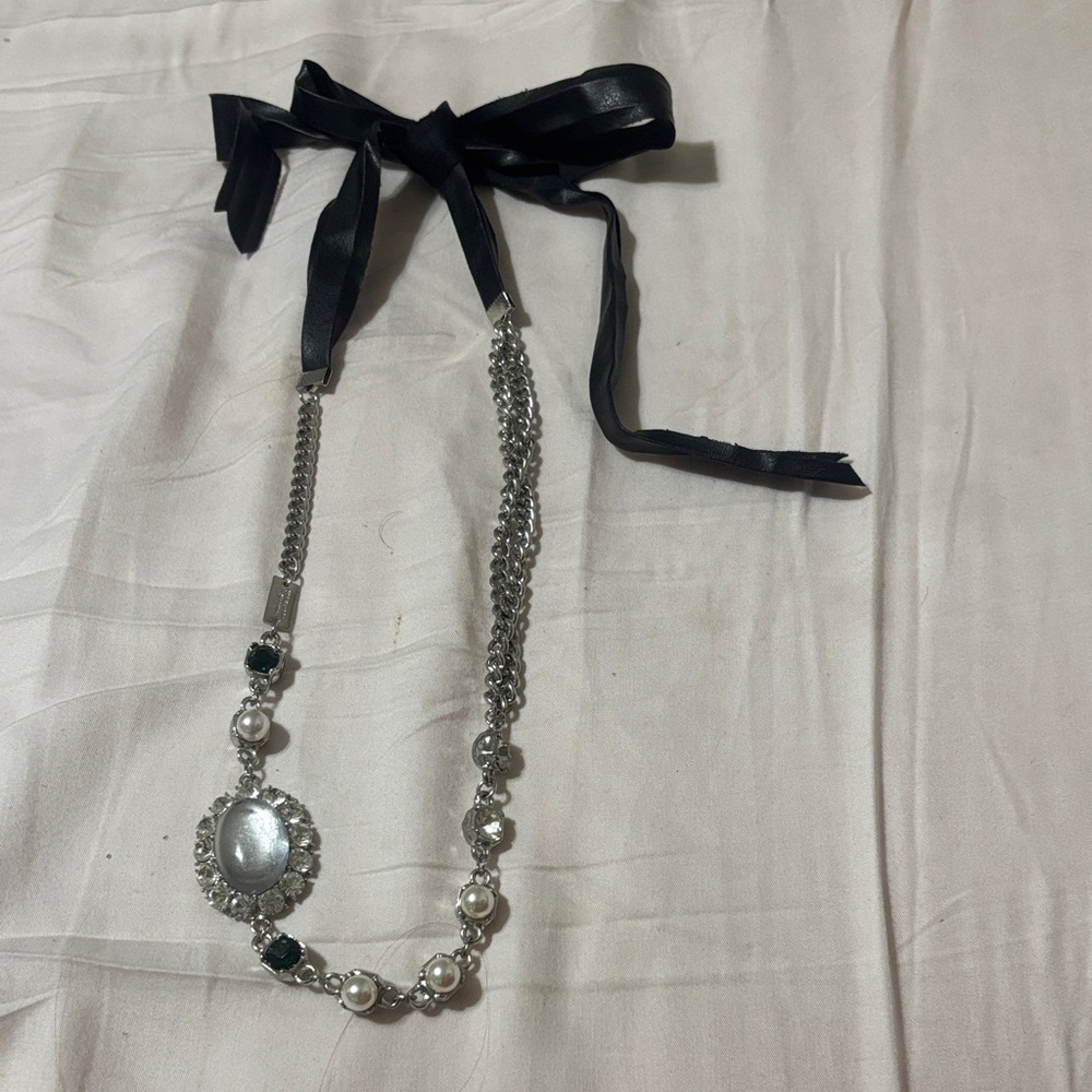 Chic Silver and Pearl Mixed Media Necklace with Black Tie